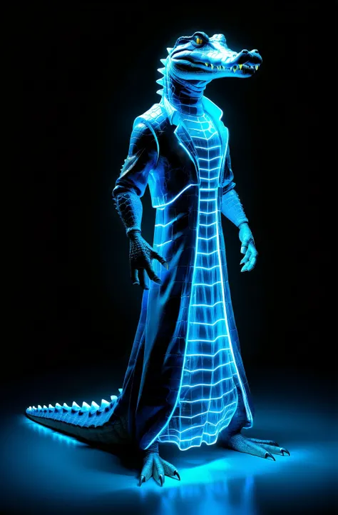 Aligator glowing neon blue gown, Realistic style