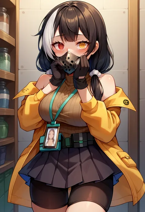 score_9,score_8_up,score_7_up BREAK 1girl,jelorodef,solo,standing,indoors,hands on own cheeks,black hair,streaked hair,hair scrunchie,low twintails,red eyes,heterochromia,yellow eyes,spiral eyes,turtleneck sweater,sleeveless,gas mask,id card,coat,off shoul...