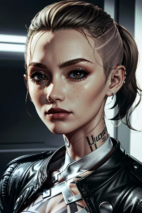 ((ultra detailed, masterpiece, absurdres))
<lora:MEJack:0.8>
MEJack, 1girl, brown hair, ponytail, buzz cut, tattoo, looking at viewer, portrait