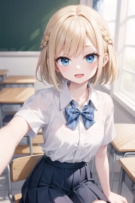 insanely detailed, absurdres, ultra-highres, ultra-detailed, best quality,
1girl, solo, nice hands, perfect hands
BREAK
summer school uniform, (plain dark blue skirt with many pleats:1.4), (striped indigo blue bowtie:1.3), short sleeves, white shirt, shirt...