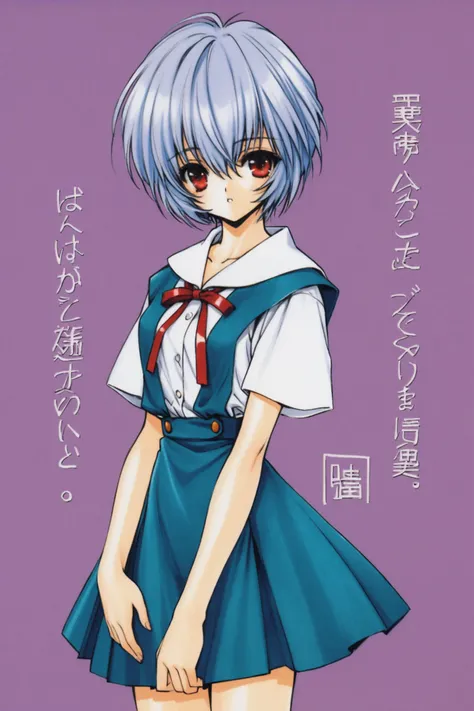 1girl,ayanami rei,solo,red eyes,short hair,school uniform,blue hair,tokyo-3 middle school uniform,signature,short sleeves,hair between eyes,suspender skirt,purple background,bangs,purple theme,shirt,cowboy shot,looking to the side,skirt,white shirt,looking...