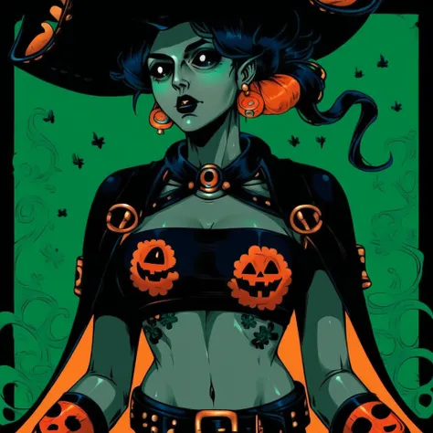 green background, green skin, earrings, arthropod girl, contrapposto, colored skin, lips, grey skin, tube top, crown, shirt, breasts, black headwear, upper body, jack-o-lantern, floral print, swimsuit, nail polish, black gloves, witch, night, black belt, p...