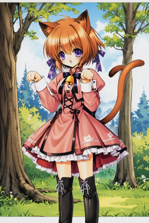 1girl,animal ears,cat ears,tail,solo,boots,bell,cat tail,ribbon,short hair,orange hair,long sleeves,blue eyes,dress,knee boots,hair ribbon,brown hair,paw pose,purple eyes,outdoors,tree,<lora:Ramiya Ryou_XL:0.8>,