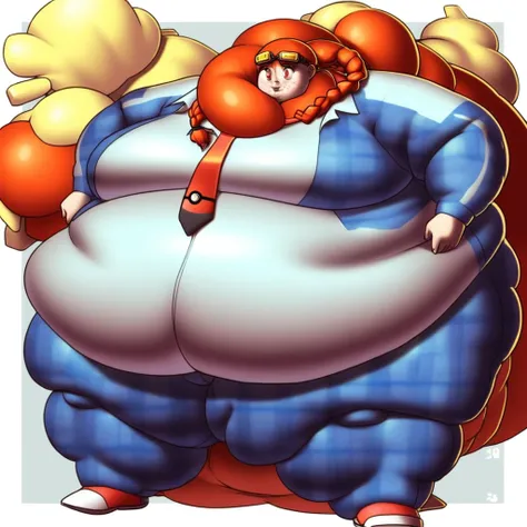 plump, necktie, plaid skirt, goggles, sidelocks, freckles, red eyes, thighs, obese, pokemon (creature), denim, bodysuit, braid