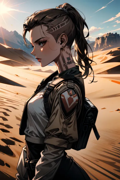 ((ultra detailed, masterpiece, absurdres))
<lora:MEJack:0.8>
MEJack, 1girl, brown hair, ponytail, buzz cut, tattoo, desert, noon, intense and shimmering sunlight