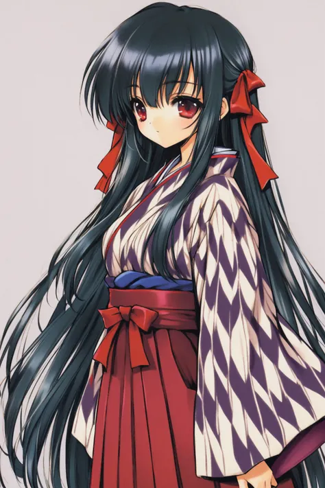 1girl,yagasuri,long hair,japanese clothes,red eyes,solo,black hair,hakama skirt,ribbon,hakama,skirt,meiji schoolgirl uniform,kimono,hair ribbon,very long hair,upper body,looking at viewer,simple background,<lora:Ramiya Ryou_XL:0.8>,