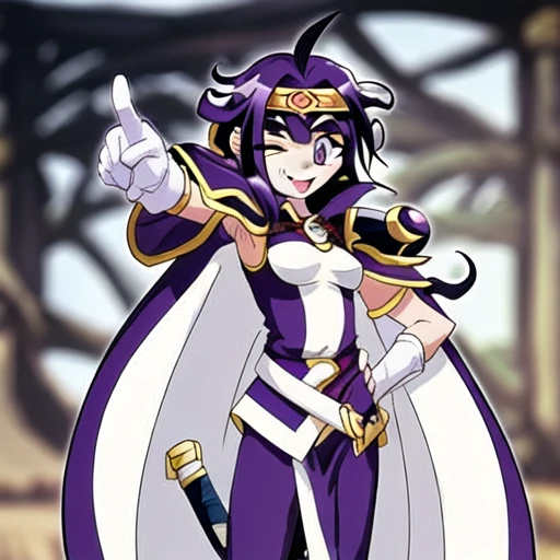 purple eyes, tongue, hand on hip, tentacles, pointing, standing, long dress, one eye closed, black gloves, sword, armpits, headband, closed eyes, armor, blurry