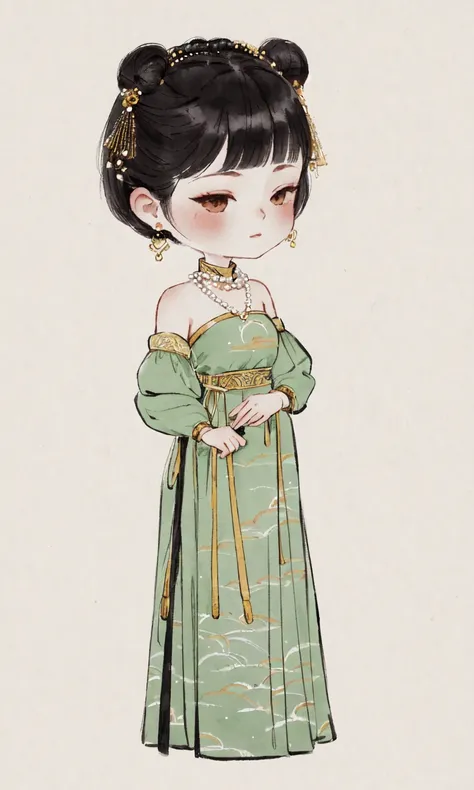 chibi ink painting, 1girl,he was wearing a green cheongsam with white trim on the cuffs and neckline. Her hair is short, cut with neat bangs. She wore large round earrings in her ears. The woman has a necklace of pearls around her neck.,((masterpiece)), ((...