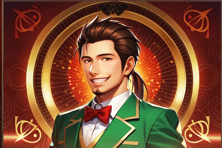 score_9, score_8_up, score_7_up, score_6_up, Detailed Background, BREAK
 <lora:Magoichi_Saika_Samurai_Warriors:0.7>, magoichi, 1boy, facial hair, ponytail,  male focus, BREAK
suit, bow, casino, smile