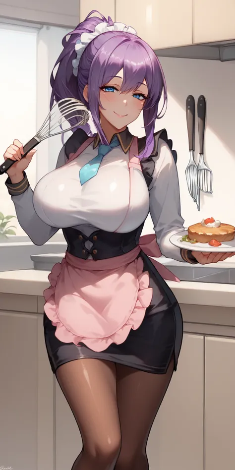 score_9, score_8_up, score_7_up, 1girl, mature female, shiny skin, <lora:Expressive_H:0.8>, <lora:Lucy-10:0.8>,lucy, purple hair, very long hair, blue eyes, hair ornament, black footwear, black skirt, pencil skirt, breasts, holding plate, large breasts, lo...