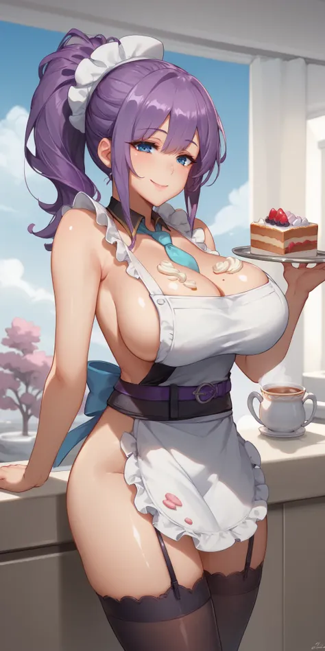 score_9, score_8_up, score_7_up, 1girl, mature female, shiny skin, <lora:Expressive_H:0.8>, <lora:Lucy-10:0.8>,lucy, purple hair, very long hair, blue eyes, bare shoulders, chef hat, black legwear, blue sky, breasts, cake, cake slice, cleavage, coffee, col...