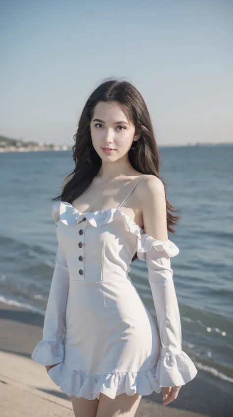 masterpiece,best quality,bright colors,solo,photo_,(1girl:1.3),(standing:1.3),(looking at viewer:1.4),Elegant,detailed gorgeous face,(cowboy shot:1.4),realistic,(seaside background:1.3),,MIS,bare shoulders,long sleeves,frills,,<lora:MIS53:0.75>,<lora:liang...