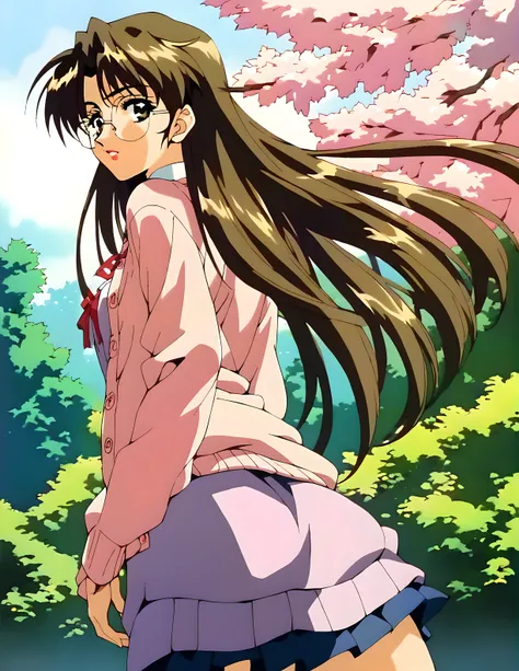 <lora:pony_xl_hiromi:0.8>,hiromi,score_9,score_8_up,score_7_up,source_anime,1girl,solo,round_eyewear,long hair,cardigan,cowboy_shot,in spring,park,standing,looking_back,