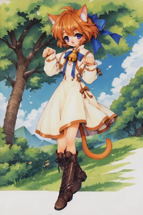 score_9,score_8_up,score_7_up,
1girl,animal ears,cat ears,tail,solo,boots,bell,cat tail,ribbon,short hair,orange hair,long sleeves,blue eyes,dress,knee boots,hair ribbon,brown hair,paw pose,purple eyes,outdoors,tree,traditional media,
<lora:Ramiya Ryou_XL_...