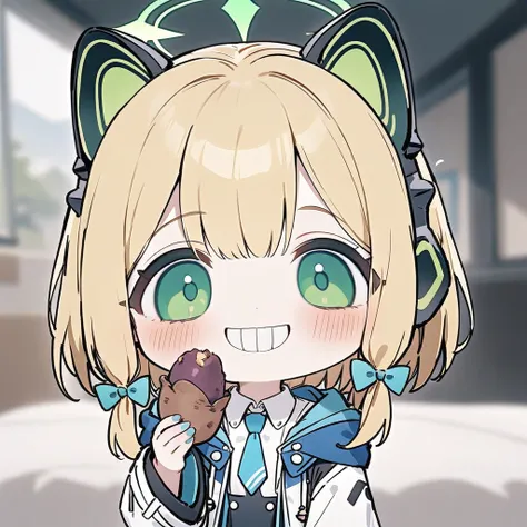 (grin, chibi, teeth),full_body,(masterpiece),(best quality),full body, 1girl, (masterpiece),(best quality),1girl,midori (blue archive),blue archive,aiamu iamu,holding food,holding,hooded jacket,food,sidelocks,:d,collared shirt,blurry,long sleeves,puffy sle...