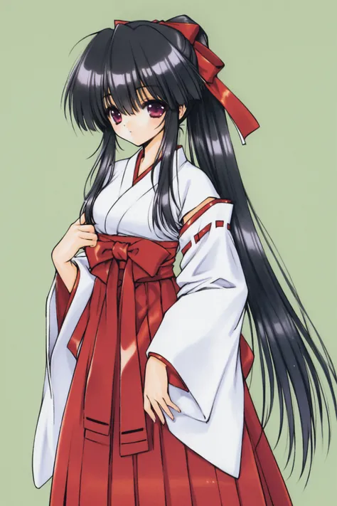 1girl,solo,miko,red hakama,japanese clothes,hakama,skirt,hakama skirt,long hair,black hair,long sleeves,ponytail,simple background,<lora:Ramiya Ryou_XL:0.8>,