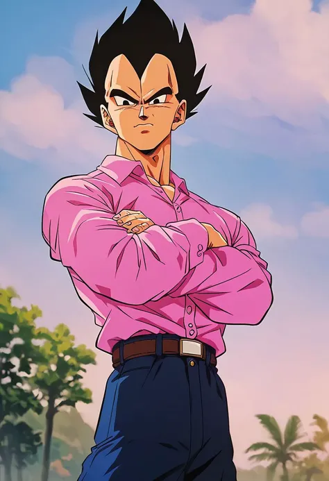 ASCIIscore_6_up, score_8, score_7_up, 1man, vegeta, pink button up shirt, arms crossed, pants, male focus, looking at viewer, sky background, official art, official style, perfect composition, 4k,