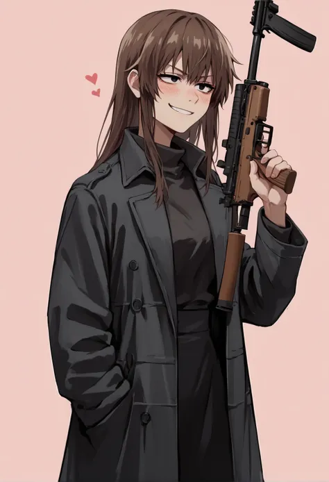 (score_9, score_8_up), score_7_up, score_6_up, score_5_up, zPDXL, <lora:Uguisu_Anko_XL_Pony_V2:1>, Uguisu Anko, best quality, 1girl, brown hair, long hair, black eyes, black sweater, black coat, ((ak-47, rifle, assault rifle, holding weapon)), pink backgro...