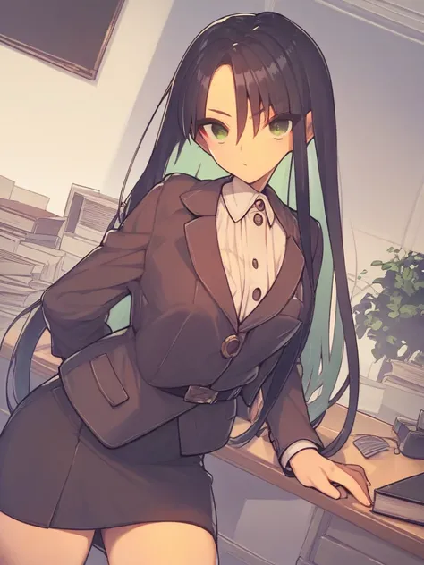 score_9, score_8_up, score_7_up, score_6_up, score_5_up, score_4_up,
1girl, (black long hair:1.3), green inner hair, bangs, eyebrows visible through hair, green eyes, suit, skirt, office, desk, <lora:hobbyanon_everyntrge_v2_PonyDiffusionV6XL:1.2>,
cowboy s...