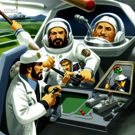 golf club, uniform, bowling, wristband, ring, 3boys, baseball bat, 2boys, facial hair, labcoat, cockpit, web address, multiple boys, astronaut, watermark, gun, catapult, vault dial, hat, painting (medium)