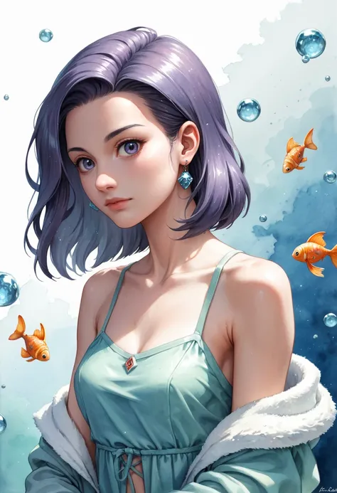 score_9, score_8_up, score_7_up, score_6_up, score_5_up, score_4_up,  Studio Ghibli aesthetic, watercolor style: A young woman with cascading, raven hair kneels by a crystal-clear stream, mesmerized by a playful group of koi fish adorned with shimmering sc...