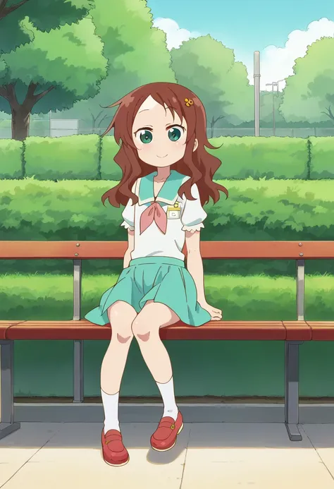 1girl, solo, rikos, saisch, long hair, green skirt, brown hair, hair ornament, green eyes, flower, hair flower, school uniform, shoes, socks, uwabaki <lora:PonyXL Riko Saikawa:1>, score_9, score_8_up, score_7_up, score_6_up, score_5_up, score_4_up , anime ...