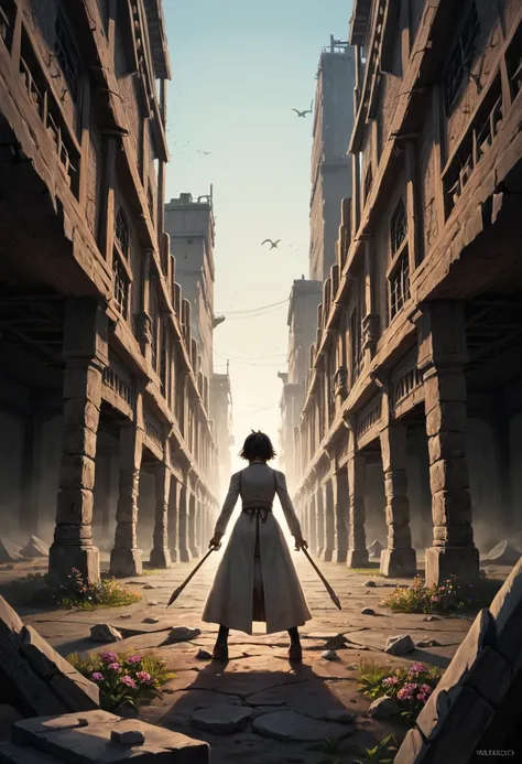 score_9, score_8_up, score_7_up, score_6_up, score_5_up, score_4_up,  Studio Ghibli style, post-apocalyptic: A woman with a weathered face and determined expression stands amidst the ruins of a once-grand city, a single, vibrant flower blooming from the cr...