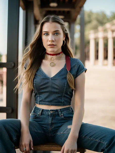 Realistic photo of a beautiful 3v4nr4ch3l woman,1girl, solo, long hair, looking at viewer, blue eyes, blonde hair, simple background, shirt, jewelry, sitting, choker, pants, necklace, lips, black shirt, makeup, denim, red background, knee up, jeans, realis...