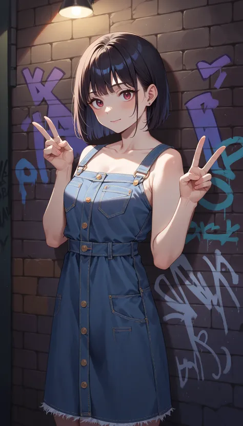 score_9, score_8_up, score_7_up, score_6_up, score_5_up, score_4_up, source_anime, 1girl, medium black hair, bangs, denim dress, wall, graffiti, dark shadows, night, v sign