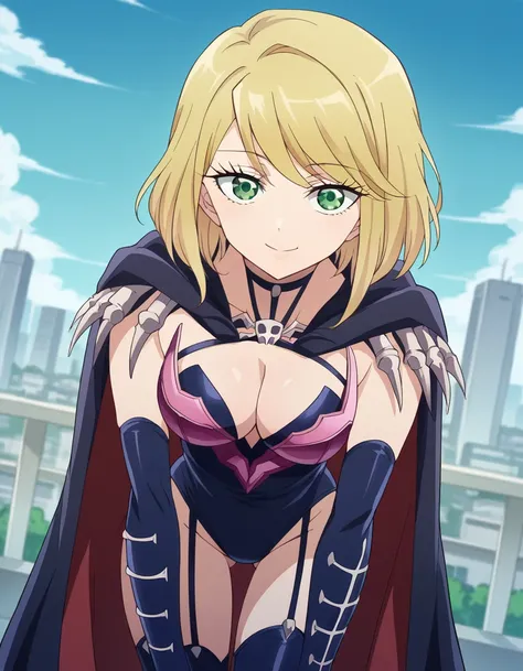 score_9, score_8_up, score_7_up, source_anime,
desumimagahara, <lora:desumi-magahara-s1-ponyxl-lora-nochekaiser:1>,
desumi magahara, short hair, blonde hair, green eyes,
gloves, cleavage, cape, bones, elbow gloves, thighhighs, thigh boots, garter straps, c...