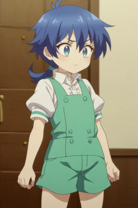 rating_all, score_8_up,score_7_up, flat colors, flat shadows, anime screencap, Lloyd, white shirt, short sleeves, puffy sleeves, buttons, green skirt, green shorts, low ponytail <lora:Dainanaoji-PDXL:0.7>,