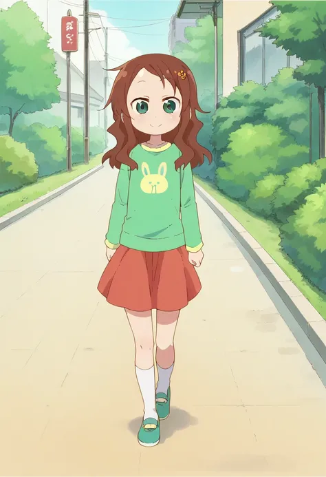 1girl, solo, rikos, saicas, long hair, green eyes, brown hair, hair ornament, hairclip, hair flower, red skirt, animal print, green shirt, white socks, green shoes, <lora:PonyXL Riko Saikawa:1>, score_9, score_8_up, score_7_up, score_6_up, score_5_up, scor...