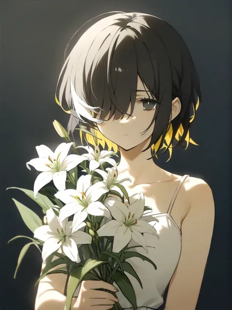 1girl, 
solo, multicolored hair, simple background, white background, colored inner hair, expressionless, spaghetti strap, white dress, bare shoulders, short hair, closed mouth, black hair, two-tone hair, white hair, holding, flower, white flower, hair ove...