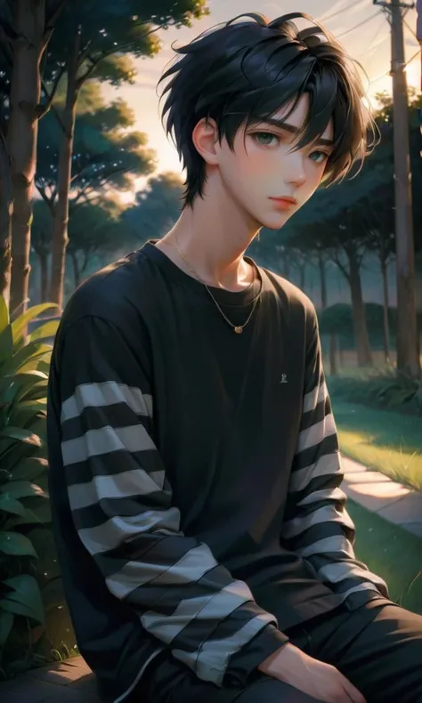 digital art, anime, dynamic angle, detailed, handsome young man, (oversize) plain black t-shirt with (long striped sleeves),  sitting outside, detailed face, soft evening light  <lora:alt_fashion_v2:1>  <lora:aesthetic_anime_v1s:1>