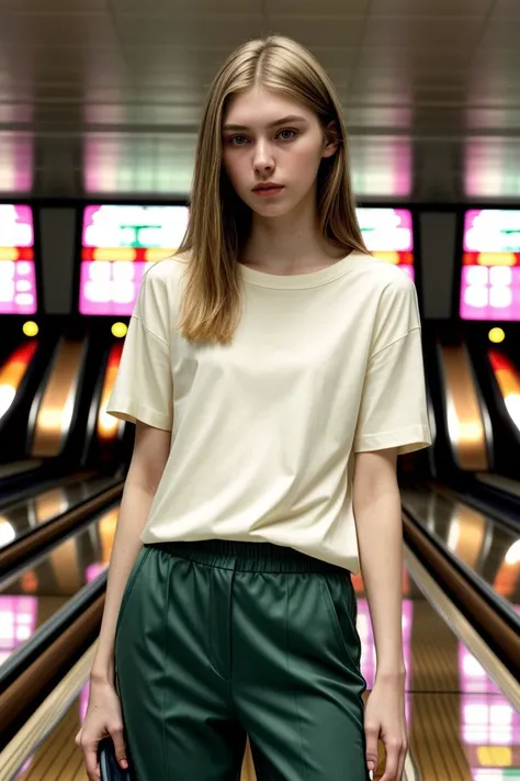 <lora:kawaii7.1.3_obj20:0.75:0.25>, European woman, closeup, sandals, (shirt), pants, (bowling alley), ZM_elea, wide shoulders, perfect face, (contact iris: 1.1), pale skin, skin pores , depth of field