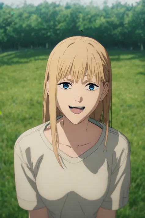 score_9, score_8_up, score_7_up, source_anime, rating_safe, intricate details, (3d:0.4), looking at viewer, depth of field, 1girl, blue eyes, natural blonde hair,, solo, cowboy shot, grass, tree, indoors, light, slouching, laughing, <lora:chainsaw_man_styl...