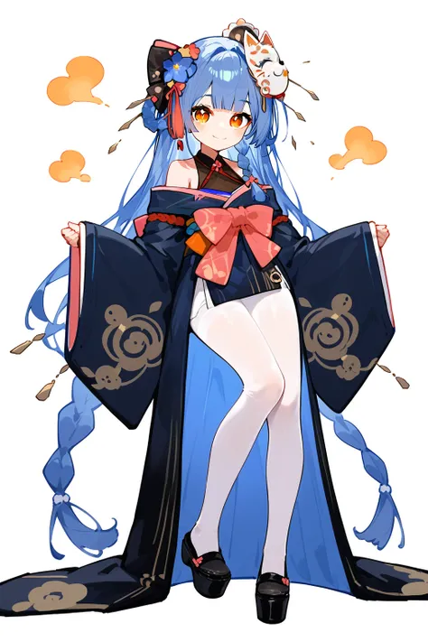 (score_9,score_8_up,score_7_up,),<lora:Azi2:0.8>,azi,solo,1girl,virtual youtuber,orange eyes,yellow eyes,long hair,mask on head,japanese clothes,blue hair,hair ornament,very long hair,black footwear,looking at viewer,kimono,braid,bare shoulders,bangs,wide ...