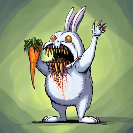 a monster rabit eating a lage screaming carrot with arms and face in a cage  <lora:rob_sheridan_drawing_style:1>