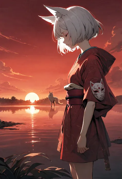 (very aesthetic, best quality, ultra detailed), intricate details, from side, solemn expression, expressionless, pink eyes, white hair, sunset, fox ears, short hair, kimono, bare feet, standing next to lake, red belt, kitsune mask, 1girl, one arm raised, l...