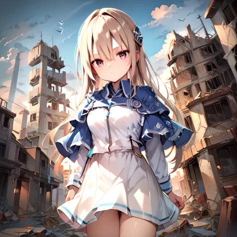 (score_9, score_8_up, score_7_up,,, :1.2)
shirakawa_yuina, 1girl, solo, looking at viewer, blush, skirt, shirt, long sleeves, closed mouth, standing, white shirt, sky, cloud, white skirt, building, sunset, ruins, blue capelet <lora:yuina:1>