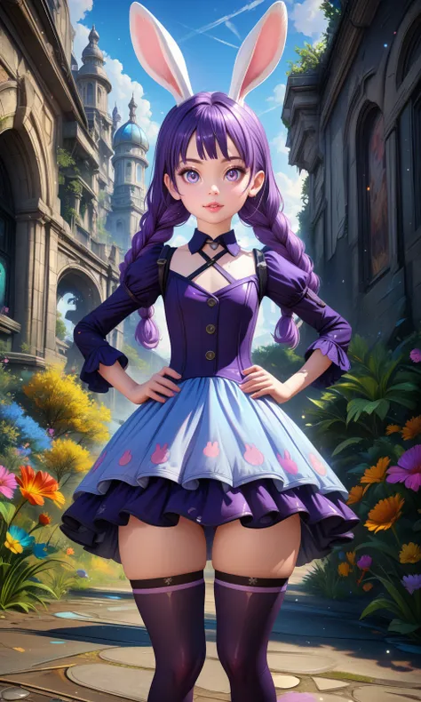 solo, elinxl, purple hair, rabbit ears, twin braids, puffy dress, thighhighs,
looking at viewer, hands on own hips, straight-on, 
outdoors, 
detailed background, 
colorful, drop shadow, light particles, 
masterpiece, best quality, very aesthetic, absurdres...