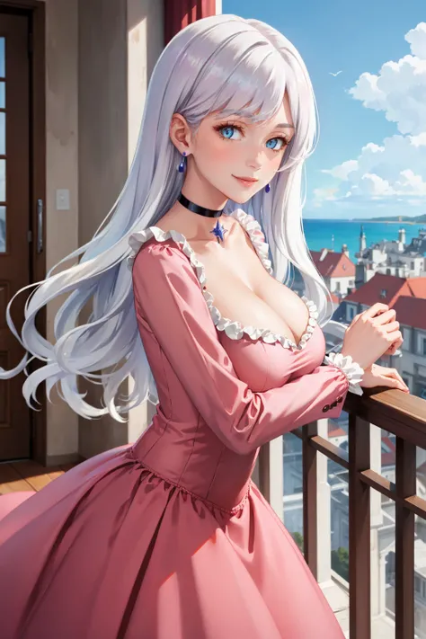 masterpiece, best quality, 1girl,  <lora:esri-nvwls-v1-000009:0.9> esritd, white hair, blue eyes, earrings, choker, pink dress, ballgown, cleavage, frills, long sleeves, huge breasts, looking at viewer, from side, smile, blue sky, balcony