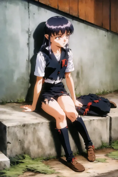 masaki aeka jurai, tenchi muyou!, 1girl, solo, torn clothes, torn legwear, 1990s (style), full body, sitting <lora:90sv3.0R:0.6>