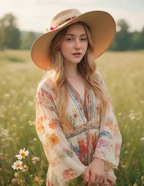 Kamryn Renae, dressed in a bohemian outfit with flowing patterns and a broad-brimmed hat, found herself in an enchanting meadow filled with vibrant blooms, embracing the peacefulness as a gentle breeze swayed through the field, capturing her serene express...