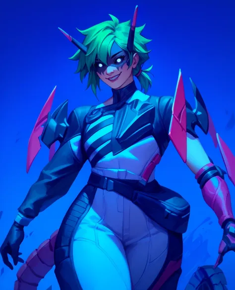 score_9,score_8_up,score_7_up,score_6_up,alterxl,white eyes,black sclera,green hair,black face paint,short hair,white bodysuit,gloves,clothing cutout,night,smile,<lora:alterxl:1>,low ponytail,pink mechanical tail,mechanical horns,