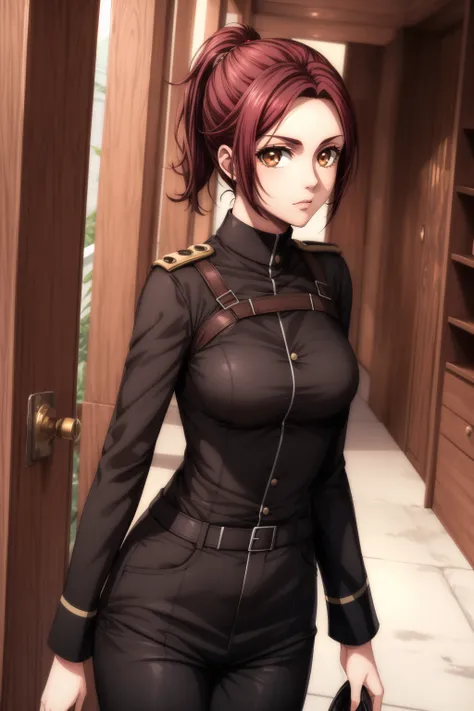 (masterpiece, best quality), <lora:Sasha Braus-lora-Faxtron:0.8> sasha blouse, brown eyes, brown hair, short ponytail, medium breasts, black paradis military uniform, long black sleeves, black pants,
<lora:add_detail:0.8>