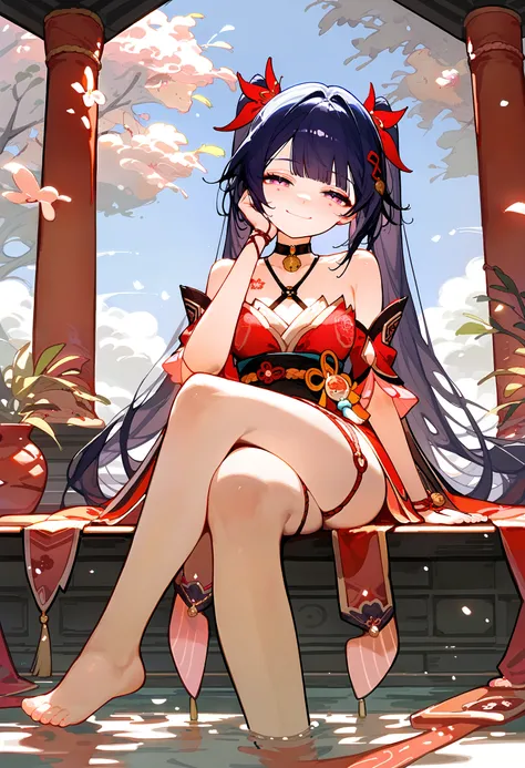 score_9, score_8_up, score_7_up, absurdres, 1girl, solo, sparklehsr, choker, bracelet, thigh strap, barefoot, crossed legs, smile, closed mouth, facing viewer, hand on own cheek, head tilt, half-closed eyes, <lora:sparkle-strPO-v1-000008:0.9>