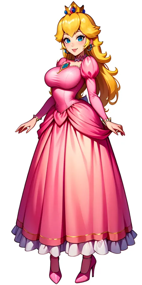 masterpiece, high quality, blonde hair, blue eyes, detailed face, crown, (pink dress, long sleeves, full body:1.5, high heels, hoop skirt, ), white background, jewelry, standing, smile, medium breasts, white background, pose, Princess_Peach, 