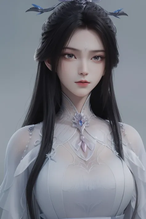 <lora:luxueqiCN:1>,luxueqi,
1girl,solo,long hair,forehead mark,hair ornament,black hair,facial mark,alpha transparency,see-through,upper body,looking at viewer,simple background,expressionless,jewelry,dress,hair bun,closed mouth,white dress,grey background...