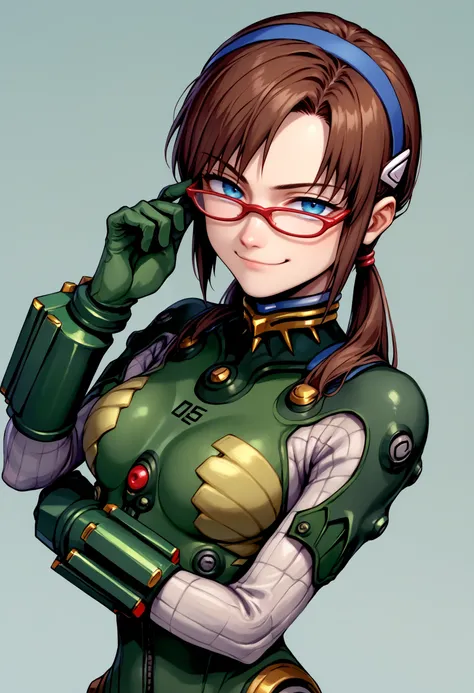 score_9,  score_8_up, <lora:Degen_Mari_Green_v1:.9> mari-green, hairband, red-framed eyewear, green plugsuit, bracer, numbered, quilted bodysuit, brown hair, contrapposto, playing with own hair, smug, blue eyes, cowboy shot, light smile,